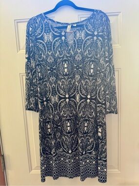 Tacera Black and White Printed Long Sleeve Shift Dress